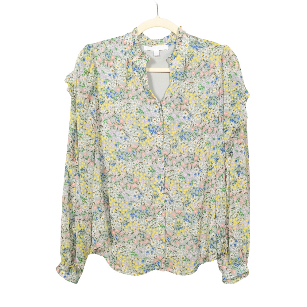 ADYSON PARKER Jadeite Floral Ruffle Sleeve Button Front Blouse Women's Medium